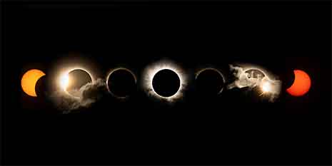 2026 total solar eclipse in Spain showing partial phases, Baily's Beads, diamond ring and totality near sunset
